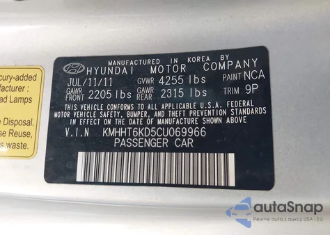 2012 Hyundai Genesis 2.0T Premium from USA, damaged, VIN KMHHT6KD5CU069966